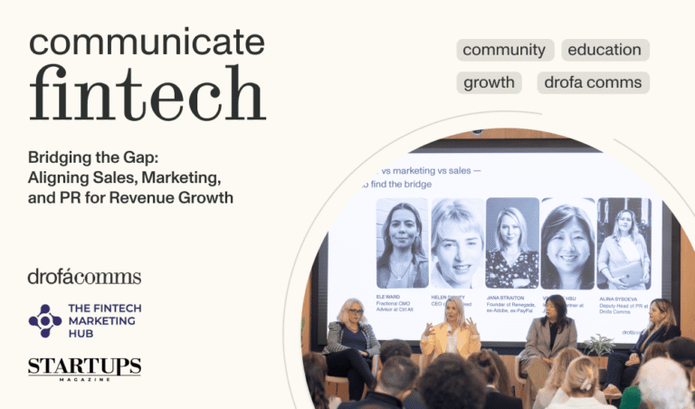 Panel discussion on aligning sales, marketing and PR at Communicate Fintech event, featuring Alina Sysoeva, Deputy Head of PR at Drofa Comms