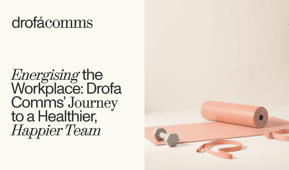 Drofa Comms branded graphic with a yoga mat and resistance band, illustrating the company's corporate sports programme.