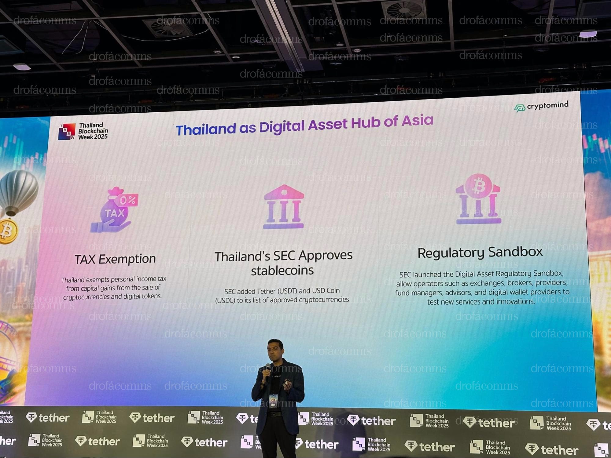 Speaker at Thailand Blockchain Week 2025 presenting Thailand’s digital asset market