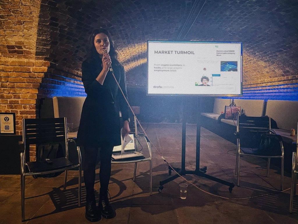 Drofa Comms speaker delivering a fintech PR keynote at Crypto Mondays Web3 event