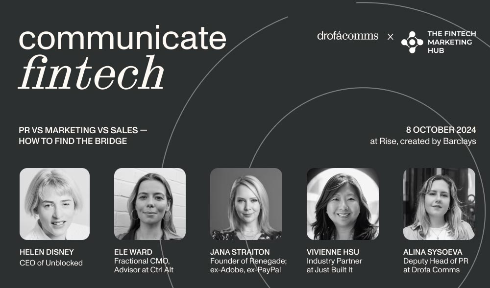 Communicate Fintech event panel on PR, marketing, and sales in fintech — speakers and moderator, 8 October 2024