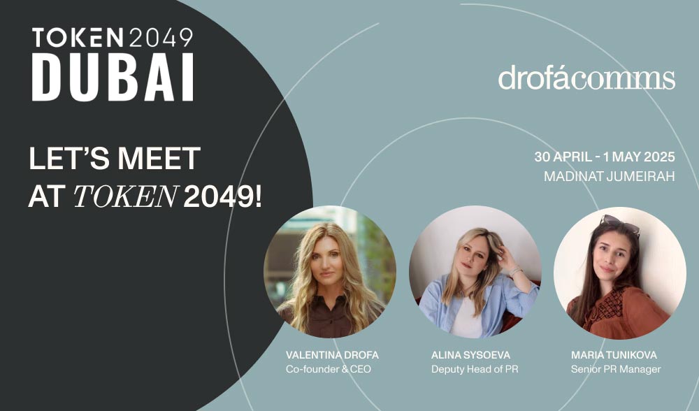 Drofa Comms team attending TOKEN2049 Dubai 2025 — Valentina Drofa, Alina Sysoeva and Maria Tunikova