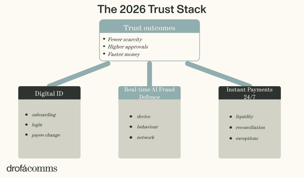 The 2026 Trust Stack chart illustrating payment digitalisation pillars: digital ID, real-time AI fraud defence, and instant payments 24/7