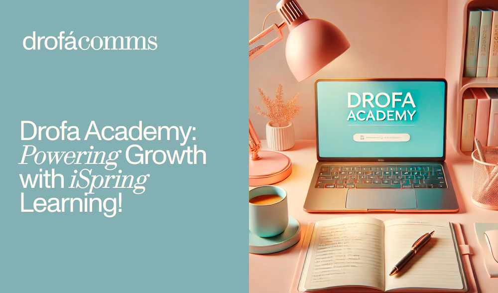 Drofa Academy promotional banner showing a laptop with the Drofa Academy interface on the iSpring learning platform