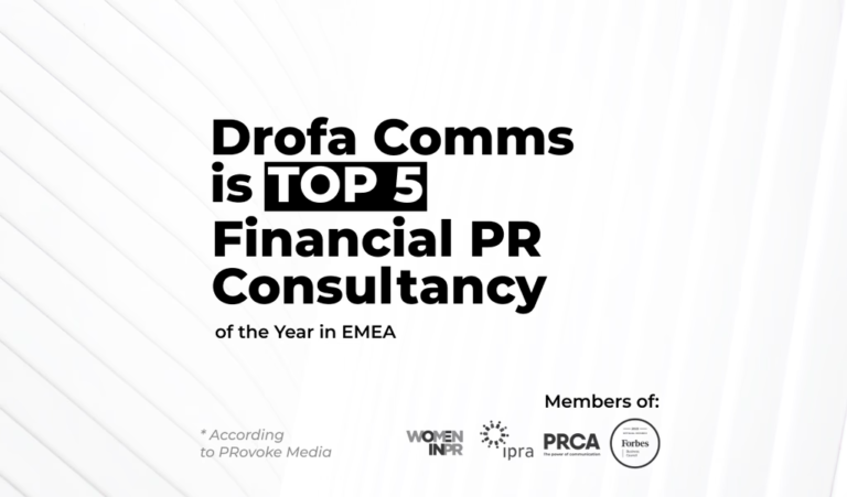 Drofa Comms Top 5 Financial PR Consultancy of the Year in EMEA award graphic with PRCA and industry membership logos
