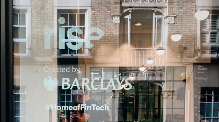 Barclays FinTech hub Rise entrance in London's Shoreditch neighbourhood
